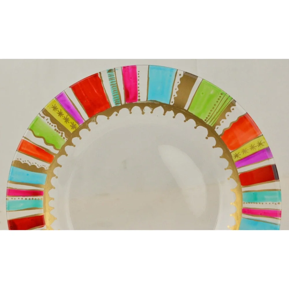 Pier 1 Festive Stripe Rainbow Gold Accents Glass Salad Plates 8.25